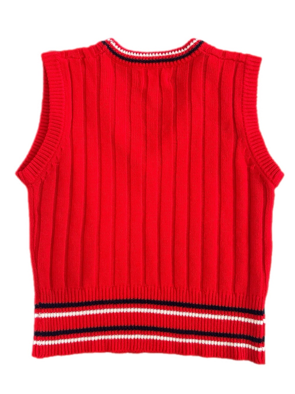 Vintage Finest Quality Knitwear Red Ribbed Sweater Vest V-Neck Striped Trim - Picture 3 of 5